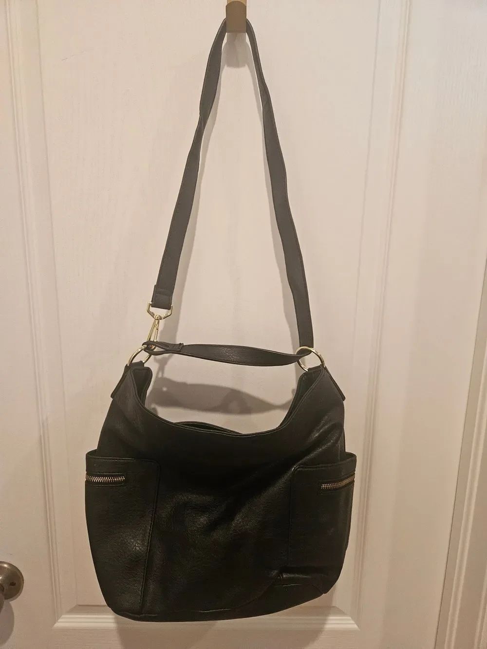 Bueno Black Leather Shoulder Hobo Bag with Gold Accents